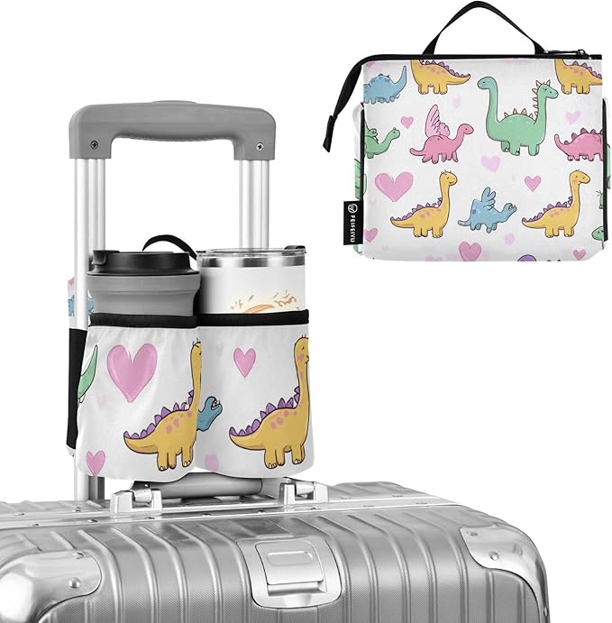 Cute Dinosaurs and Hearts Luggage Cup Holder Travel Portable Free Hand Drink Carrier Suitcase Drinks Beverage Holder Carry-On Bottle Mug Holder Organizer Bag Travelers Accessories