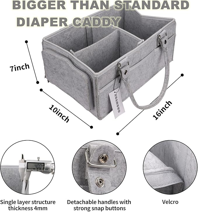 XUANGUO Baby Diaper Caddy Organizer with Handle - Gender Neutral Nursery Storage Bin Basket - Portable Tote Bag - Car Organizer - Newborn Essentials - Grey