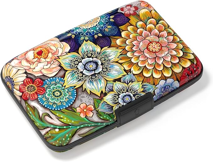 Credit Card Holder, Mini Aluminum Card Wallet RFID Blocking Slim Metal Hard Card Case for Women Men, Mandala Flower