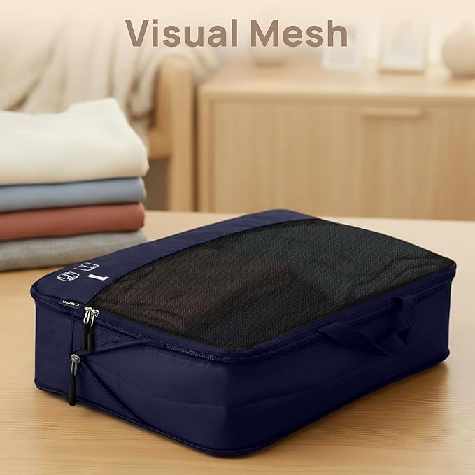 7 Set Compression Packing Cubes Travel Accessories Expandable Packing Organizers (Navy Blue)