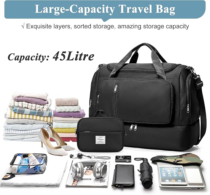 Travel Duffle Bag, Weekender Bags for Women,Overnight Weekend Carry On Personal Item Travel Bag with Shoes Compartment & Toiletry Bag,Black