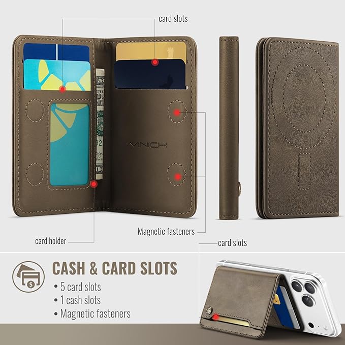 Vinich for MagSafe Wallet Magnetic RFID Blocking Card Holder Compatible with MagSafe Phones and Cases, Strong Magnet Minimalist Phone Wallet for iPhone 17/16/15/14/13/12/Pro/Max/Plus, Vintage Brown