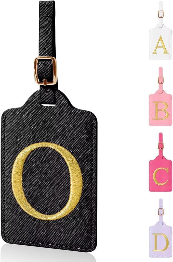 Personalized Initial Luggage Tags for Suitcases,Leather Letter Cute Luggage Tags with Privacy Name Card,Embroidered Monogrammed Travel Bag Backpack Tag Gifts for Women Kids Girls Teens(Black-O)
