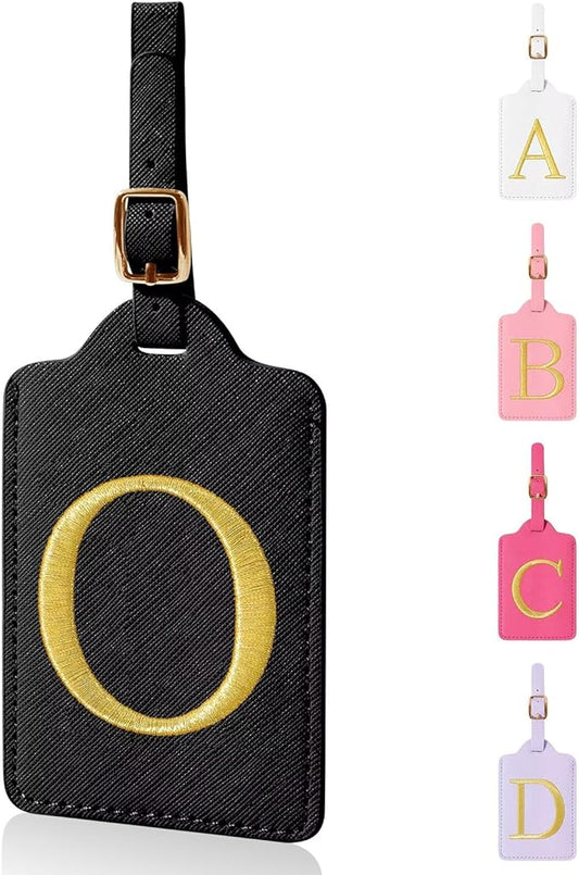 Personalized Initial Luggage Tags for Suitcases,Leather Letter Cute Luggage Tags with Privacy Name Card,Embroidered Monogrammed Travel Bag Backpack Tag Gifts for Women Kids Girls Teens(Black-O)