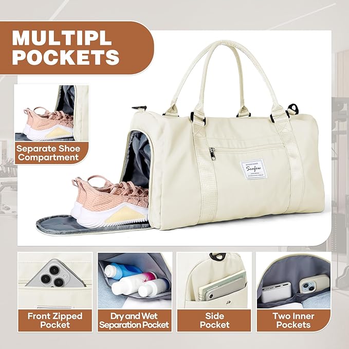 Weekender Duffel Bags for Women, Travel Totes Bag for Airplane, Cute Sports Gym Dance Bag Overnight Luggage Bag with Wet Pocket Shoe Compartment, Carry On Hospital Bag for Labor and Delivery, White