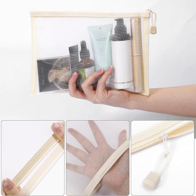 12 Pieces Zipper Nylon Mesh Pouch, Mesh Cosmetic Bags Makeup Bags Pencil Case, Multipurpose Travel Bags for Cosmetic School Office Supplies and Travel Accessories (Beige, A5+B6)