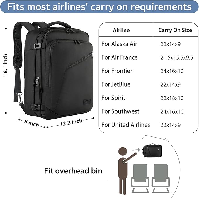 MATEIN Mens Travel Backpack, 27L Lightweight Carry on Backpack for Women, Expandable Business Backpacks, Waterproof Hiking Daypack for Outdoor Sports Rucksack Casual Daypack, Travel Essential, Black
