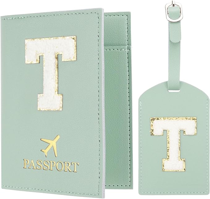 PATIKIL Passport Holder for Travel, Initial Passport Cover and Luggage Tag Set with Alphabet Chenille Letter Patch Travel Wallet Bag Suitcase Identifier for Women Family Travel Green T