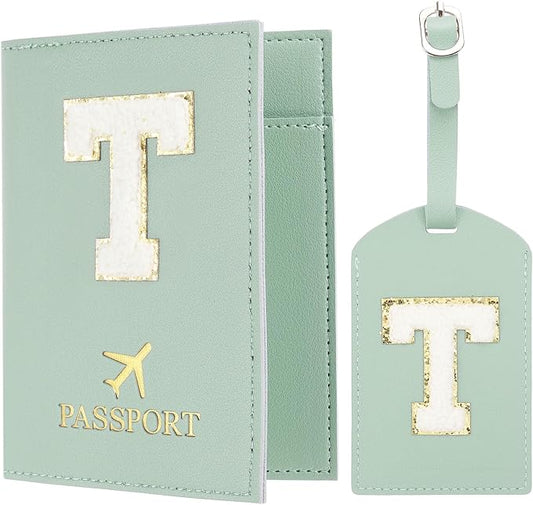 PATIKIL Passport Holder for Travel, Initial Passport Cover and Luggage Tag Set with Alphabet Chenille Letter Patch Travel Wallet Bag Suitcase Identifier for Women Family Travel Green T