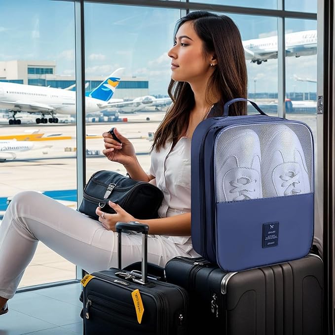 Shoe Bags for Travel Holds 3 Pair of Shoes, Travel Shoe Bag with 3 Layers Compartments, Waterproof & Washable, Navy