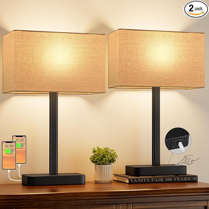 Hong-in Touch Lamps for Bedroom - 3-Way Dimmable Bedside Lamps Set of 2 with USB C+A, Beige Modern Table Lamp for Night Stands, Desk Lamp for Living Room Nightstand End Tables Bed Side