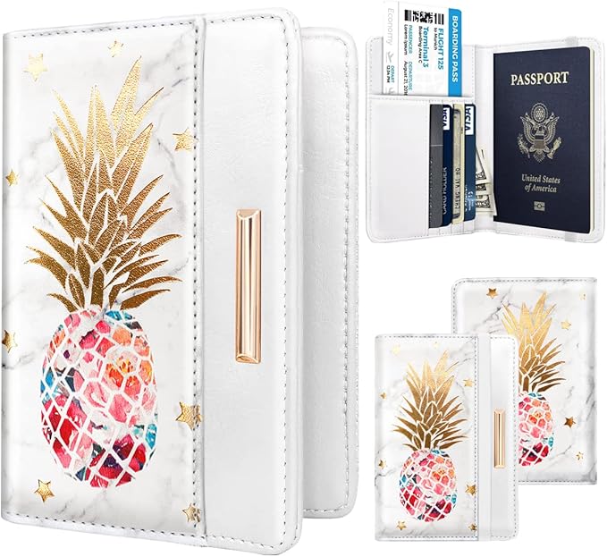 Passport Holder Cover,Traveling Passport Case Cute Passport Wallet for Women,Gold Pineapple