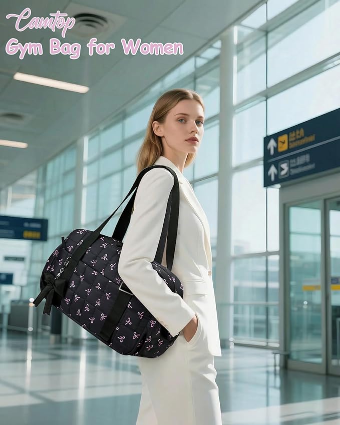 CAMTOP Gym Bag for Women, Lightweight Duffle Bag for Travel With Insulated Pocket and Wet Pocket, Small Carry On Bag for Dance Yoga Work (Black Bow, Medium-16")
