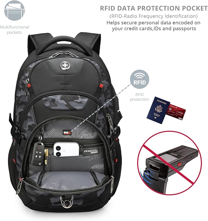 Swissdigital Design Laptop Backpack with USB Charging Port, Travel Backpack Fits 15.6 inches Computer, 31L College School Backpack for Men, Gray Camo | SD803-91
