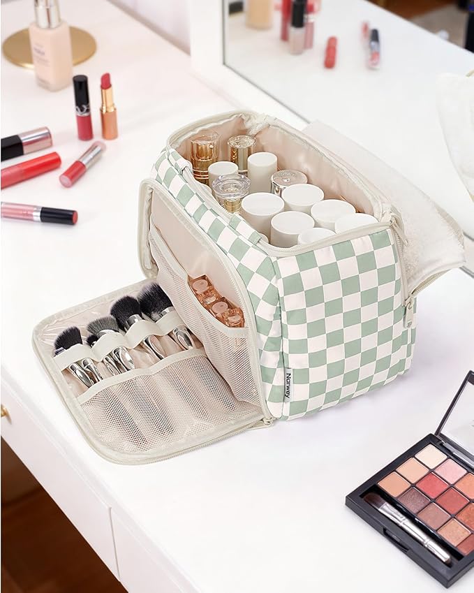 Narwey Checkered Travel Toiletry Bag for Women Large Makeup Bag, Wide-open Cosmetic Make Up Organizer with Handle, Travel Bag for Toiletries, Essentials, Accessories (Mint Green Checkerboard)