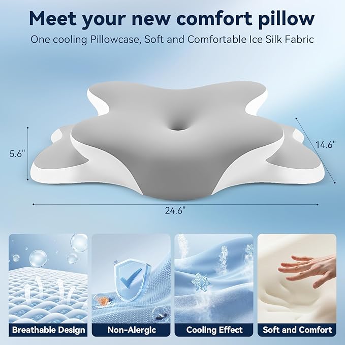 Sleep Apnea Pillow with Neck Pain & Snoring Relief -Orthopedic Cervical Pillow, Ergonomic Contour Memory Foam for Side, Back,Stomach Sleepers, Medium Firm (Grey, Queen Size 25" Lx15 Wx5.8 H)