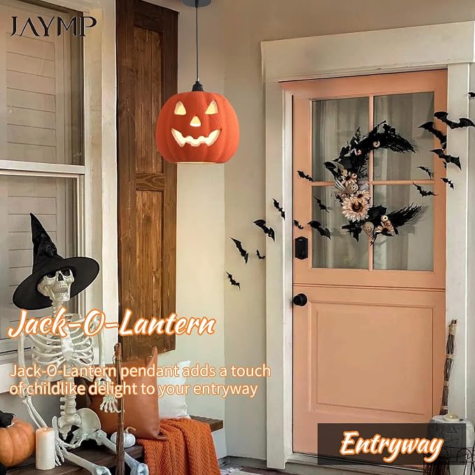 JAYMP Halloween Light Up Pumpkin Pendant Light, Jack O Lantern, Living Dining Room Hanging Lamp E26 Base Lighting Fixture (Orange, 12.6in Small Size)