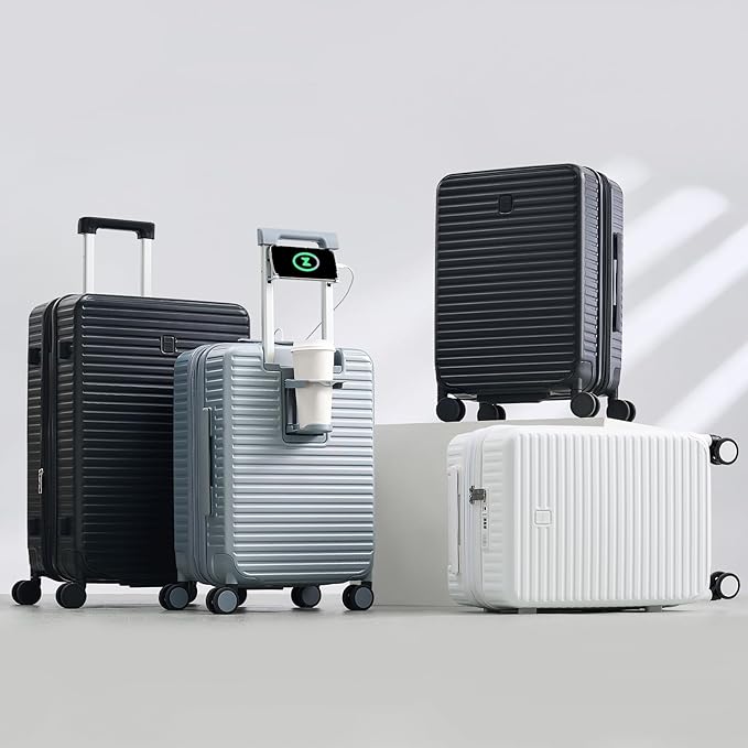 HanTrip 28 Inch Luggage Hard Shell Suitcases, Expandable Travel Checked Luggage 28 Inch, Large Check In Luggage with Spinner Wheels Cup Holder Charger Built in Lightweight Suitcase, White