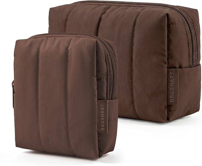 BAGSMART Makeup Bag Duo Set, Puffy Padded Travel Cosmetic Organizer with Slip-in Pockets, Large Toiletry Bag & Small Purse Pouch, Travel Essentials for Women, Chocolate