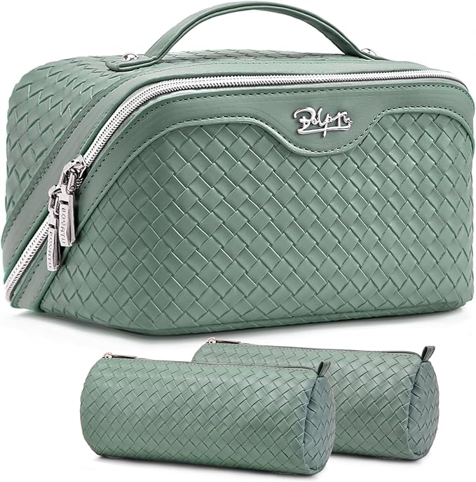 BOYATU Travel Makeup Bag Cosmetic Bags for Women: Large Capacity 3 Pcs Set Make up Bag with Compartments - Waterproof Vegan Leather Toiletry Organizer Bags with Handle (L10 Grass Green)