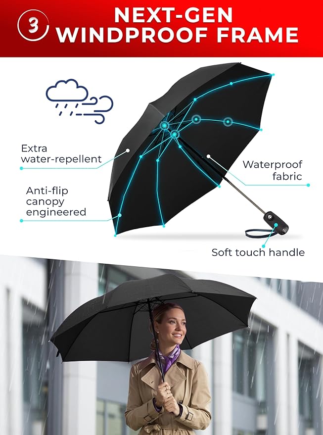 Raintrend Windproof Travel Umbrellas for Rain Automatic +10% Bigger Canopy Strong Frame Compact Folding Portable Umbrella for Women Men Backpack Purse