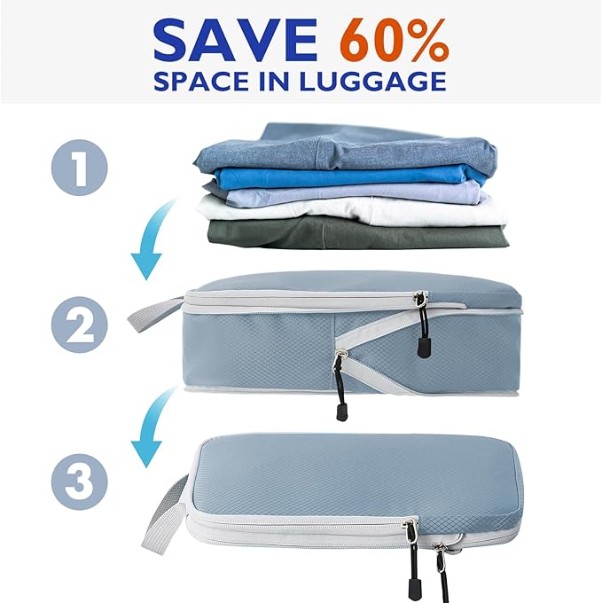 Compression Packing Cubes, 8 Set Packing Cubes for Travel Compression, Lightweight Compressible Package Organizer for Carry On and Suitcases, Lake Blue and Grey