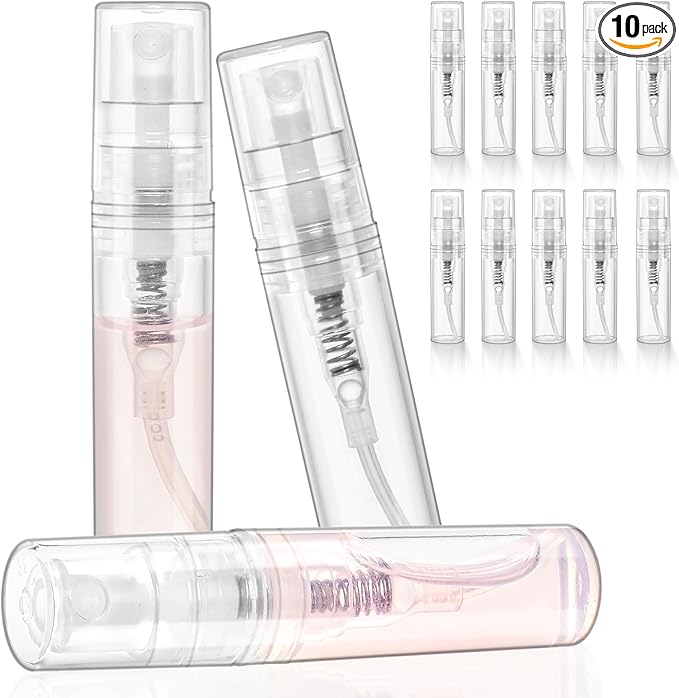 Mini Perfume Sample Bottles, 2 ml Plastic Small Spray Bottle 10 Pack, Fine Mist, Portable Perfume Travel Refillable Bottle, Upgraded atomizer sprayer, Clear