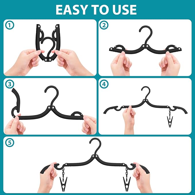 30 Pcs Travel Hangers Portable Foldable Travel Hanger Organizer, Plastic Cruise Essentials Clothes Drying Rack Folding Hangers for Camping Flying RV Europe Vacation Essentials Suitcase, Pitch Black