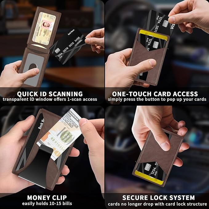 Wallet for Men Aluminum RFID Blocking-Metal Smart Pop-Up Credit Card Holder with 2 ID Windows, Holds 8-10 Cards,Bifold Security Front Pocket Wallet & Money Clip,Men's accessories (Coffee)