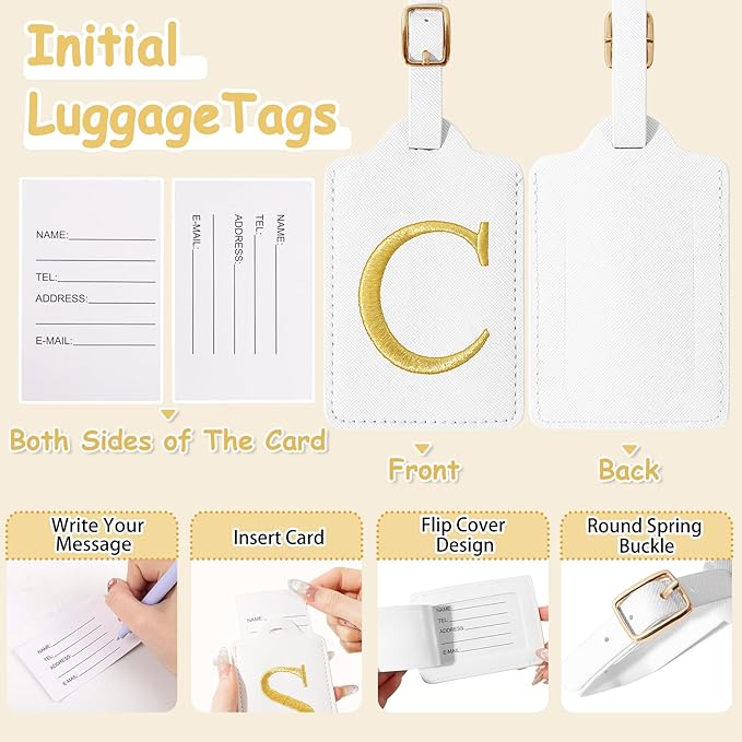 Initial Luggage Tags for Suitcases, Cute Embroidered Letter Luggage Bag Suitcase Identifier Name Baggage Tag, PU Leather Travel Luggage Tags, Bag Tags for Men Women Kids Luggage Handbags(White C)