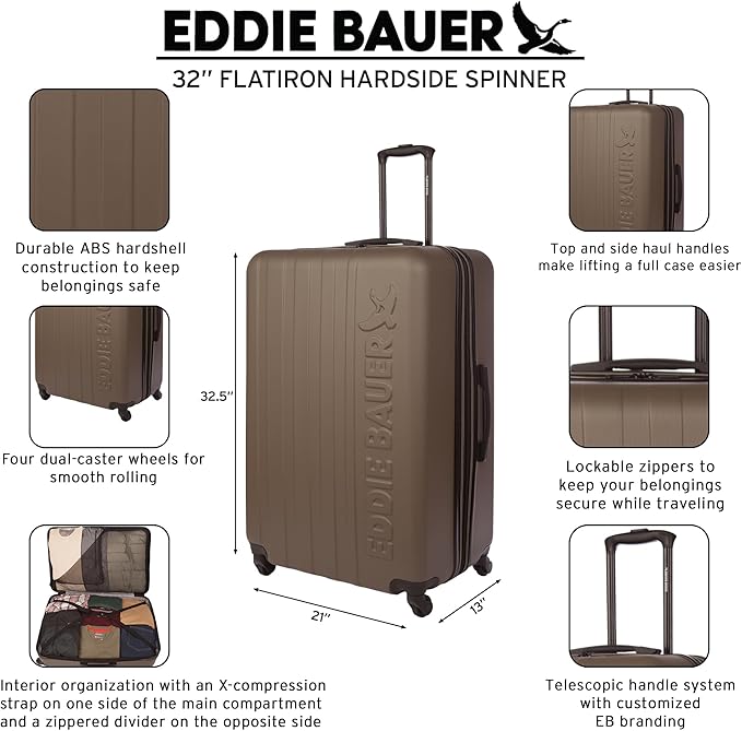 Eddie Bauer Flatiron Check-In 32" Luggage | Hardside | Spinner Wheels | Expandable | Lightweight | Travel Essentials - Paprika