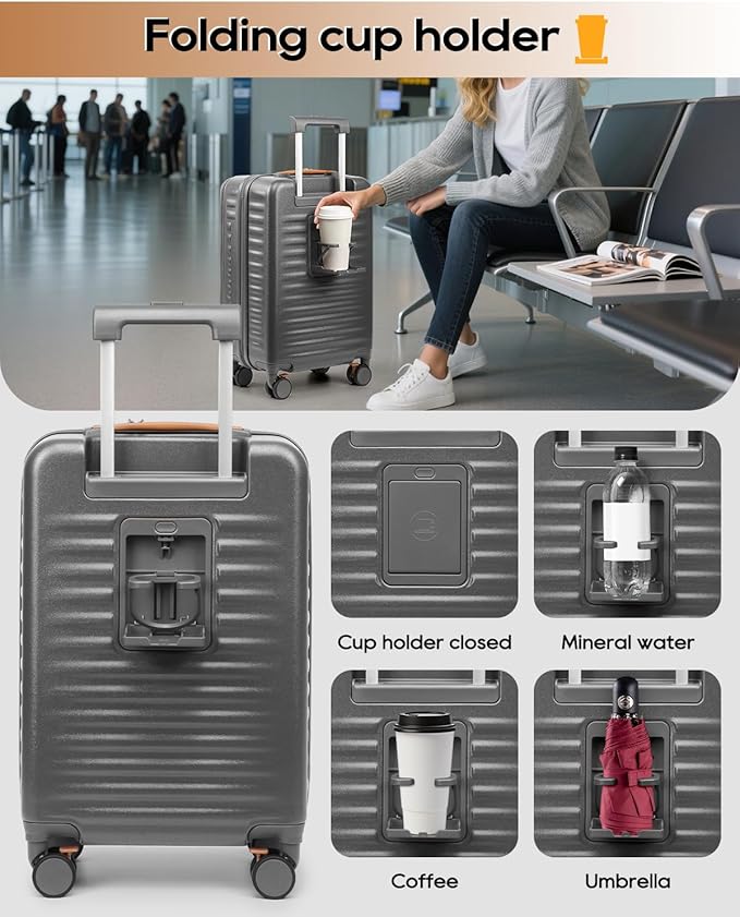 Joyway Carry on Luggage Airline Approved with Front Compartment and Cup Holder, 20 Inch Hard Shell Carry-on Suitcase with Spinner Wheels and TSA Lock for Women Men (Grey, 20 Inch)