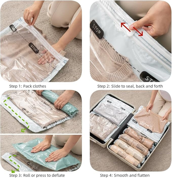 Vacuum Storage Bags for Clothing - NeatNest 6 Pack Roll-Up, 40×60cm (15.7"×23.6"), No Vacuum Needed, Compression Packing Bags for Clothes, Carry-On Luggage, Camping, and Travel