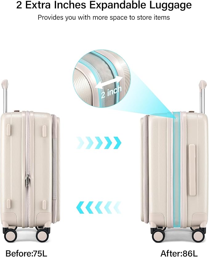 Hanke 24 Inch Expandable Luggage Top Opening Checked Bag Luggage Hard Shell Suitcases with Wheels Lightweight Travel Luggage Medium Suitcase with Lock for Woman Men-Ivory White