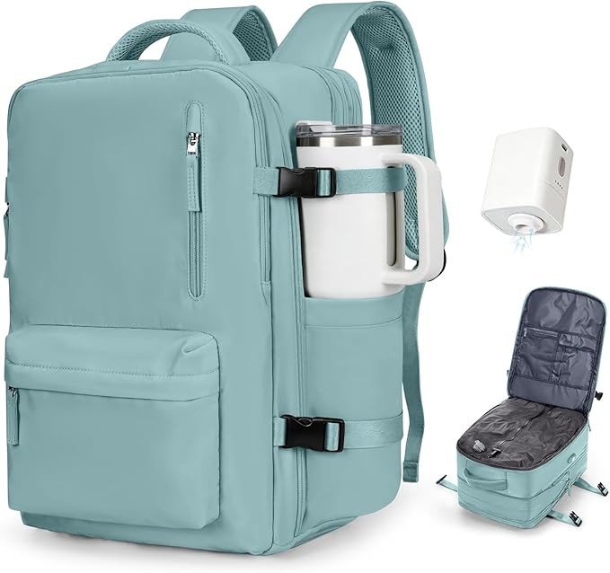 VECAVE Vacuum Backpack Travel with Pump, Expandable Personal Item Carry on Backpacks for Women Men, Laptop Waterproof Work Compression bags with USB Casual Daypack LightBlue