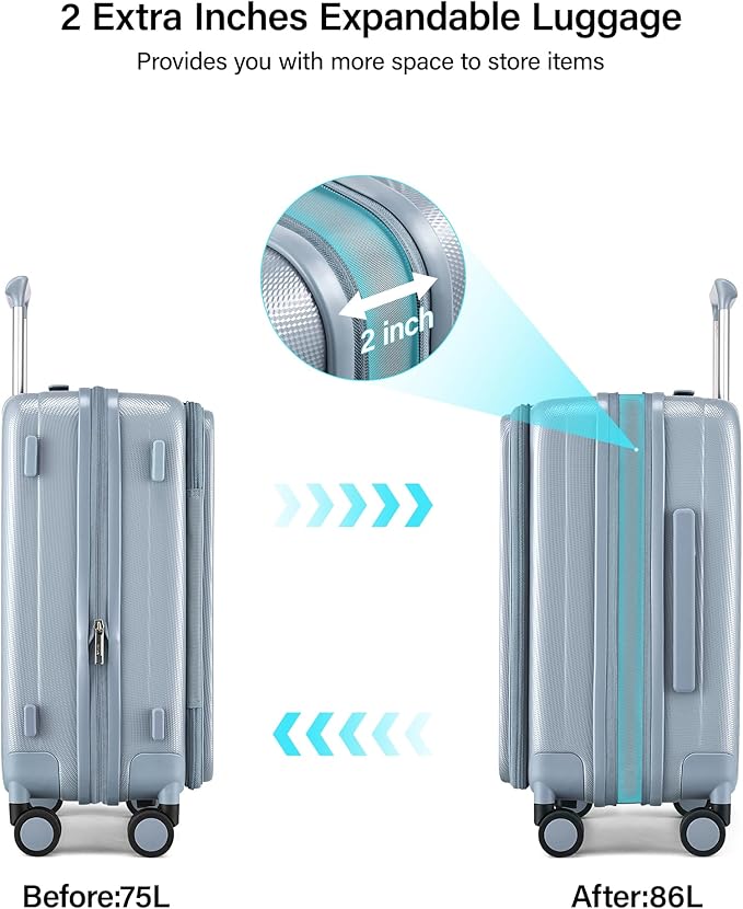 Hanke 24 Inch Expandable Luggage Top Opening Checked Bag Luggage Hard Shell Suitcases with Wheels Lightweight Travel Luggage Medium Suitcase with Lock for Woman Men-Grey