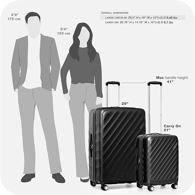 Traveler's Choice Elm Expandable Spinner Luggage Set, Matte Black, 29" Large Checked