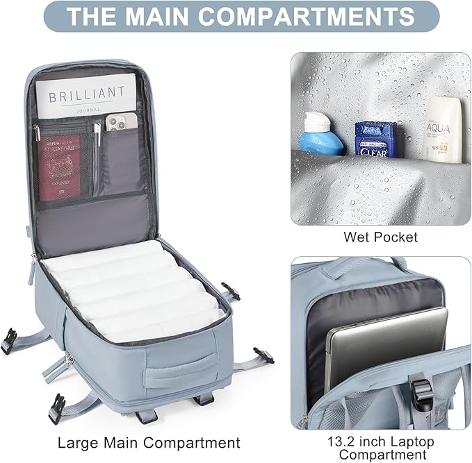 coofay Travel Backpack Carry on Flight Approved Mochila De Viaje Carry on Backpack for Airplanes Spirit Airlines Personal Item Bag 18x14x8 Inches Travel Bag Traveling Backpack for Women Men Grey Blue