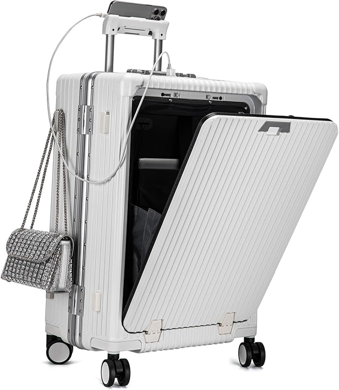 feilario Aluminium Frame PC Hard Shell Spinner Wheels Luggage,20.8"X15"X8.7 Airline Approved Built-In TSA lock Carry on Suitcase, with Cup Holder, USB Port, Phone Holder