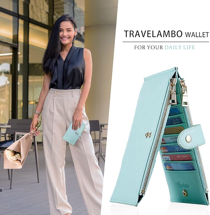 Travelambo RFID Wallet Women Large Size Bifold Multi Card Wallet Case with Zipper Pocke Credit Card Holder for Women