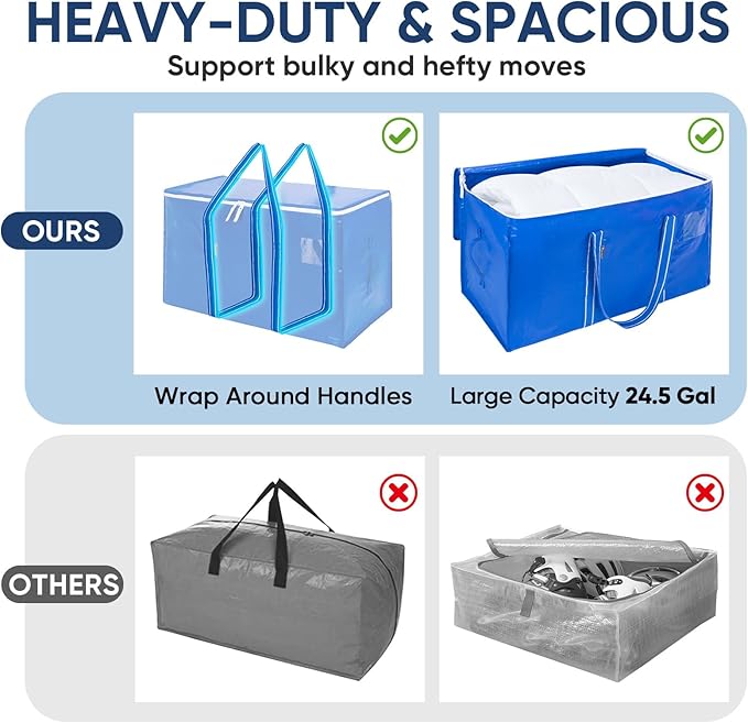 BALEINE 4-Pack Oversized Moving Bags with Reinforced Handles, Heavy-Duty Storage Tote for Clothes, Moving Supplies (Royal Blue, 4-Pack)