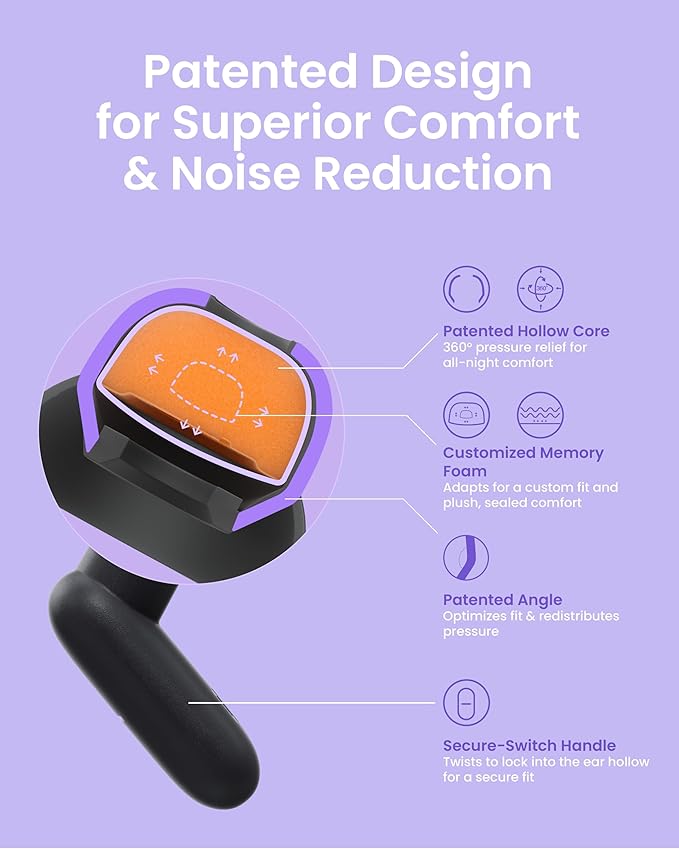 Ear Plugs for Sleeping All-Night Wear without Ear Pain Side Sleeper Patent Qufits Eartips Ultra-Comfy Reusable Earplugs for Sleep, Focus, Study, Travel, 23dB Noise Reduction - Violet