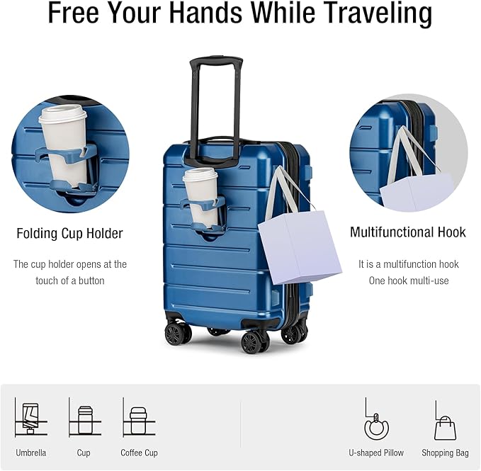 KYME Carry On Luggage 22x14x9 Airline Approved Expandable Hardshell 20 Inch Luggage with TSA Lock Carry On Suitcase with Wheels Small Travel Rolling Luggage with Cup Holder for Women Men Lt Blue