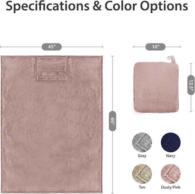 DEZ FURNISHINGS 4-in-1 Travel Compact Blanket Pillow Super Soft Velvet with Luggage Sleeve and Backpack Clip, Dusty Pink, 60" x 45"