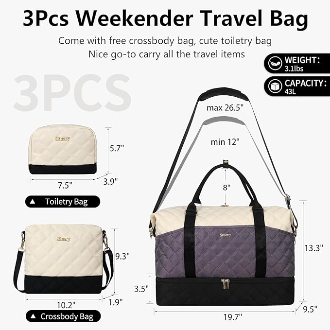 Weekender Bag, Large Travel Duffel Bag for Women, Carry on Overnight Bag with Shoe Compartment and Toiletry Bags