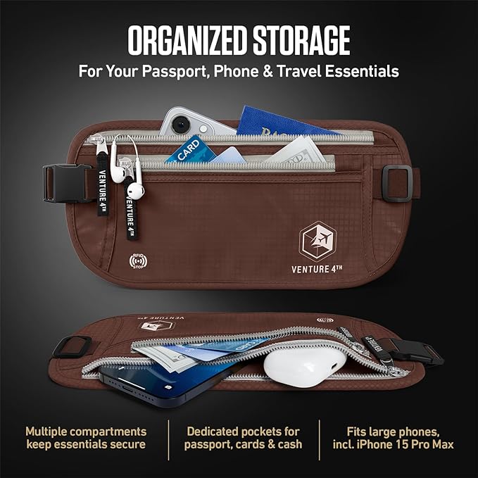 VENTURE 4TH Money Belt for Travel – Hidden Under-Clothes RFID Blocking Passport Holder & Slim Travel Wallet Pouch for Men & Women to Protect Cash, Cards & Documents (Brown)