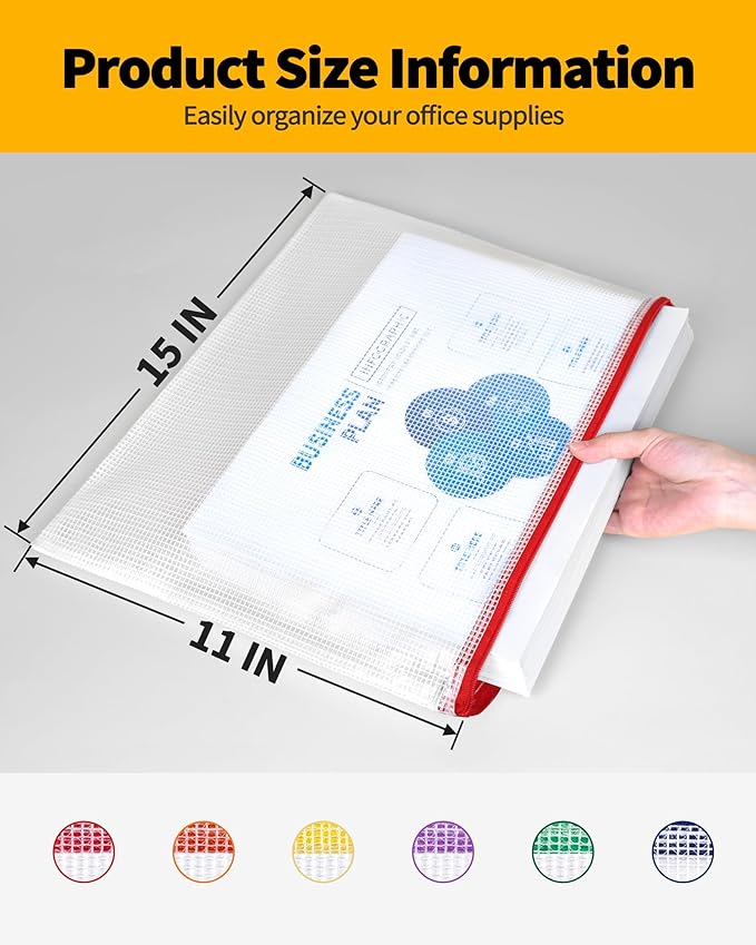 SUNEE Plastic Mesh Zipper Pouch 11x15 in (6 Colors, 12 Packs),Extra Large Water-Resistant Zip Bag for School Office Supplies, Puzzles & Games Organizing Storage
