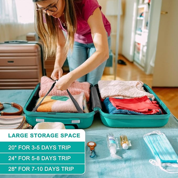 Kono 4 Piece Luggage Sets Expandable with Spinner Wheels TSA Lock Lightweight PC+ABS Hardside Travel Rolling Suitcases 20in 24in 28in Carry on and 12in Mini Cosmetic Case Turquoise