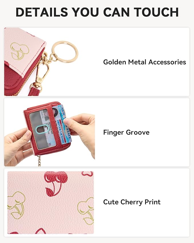 BOSTANTEN Credit Card Holder Wallet RFID Blocking Leather Small Wallet for Women Zipper Keychain Wallet with Wristlet Cherry Print