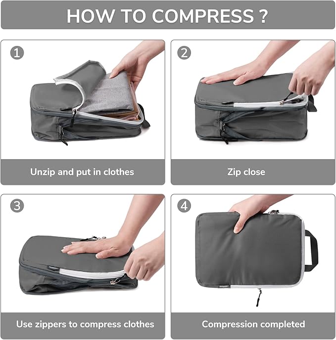 CherryNow Compression Packing Cubes, 7 Set Packing Cubes Compression, Travel Essentials, Travel Organizer for Shoes, Clothing, Grey